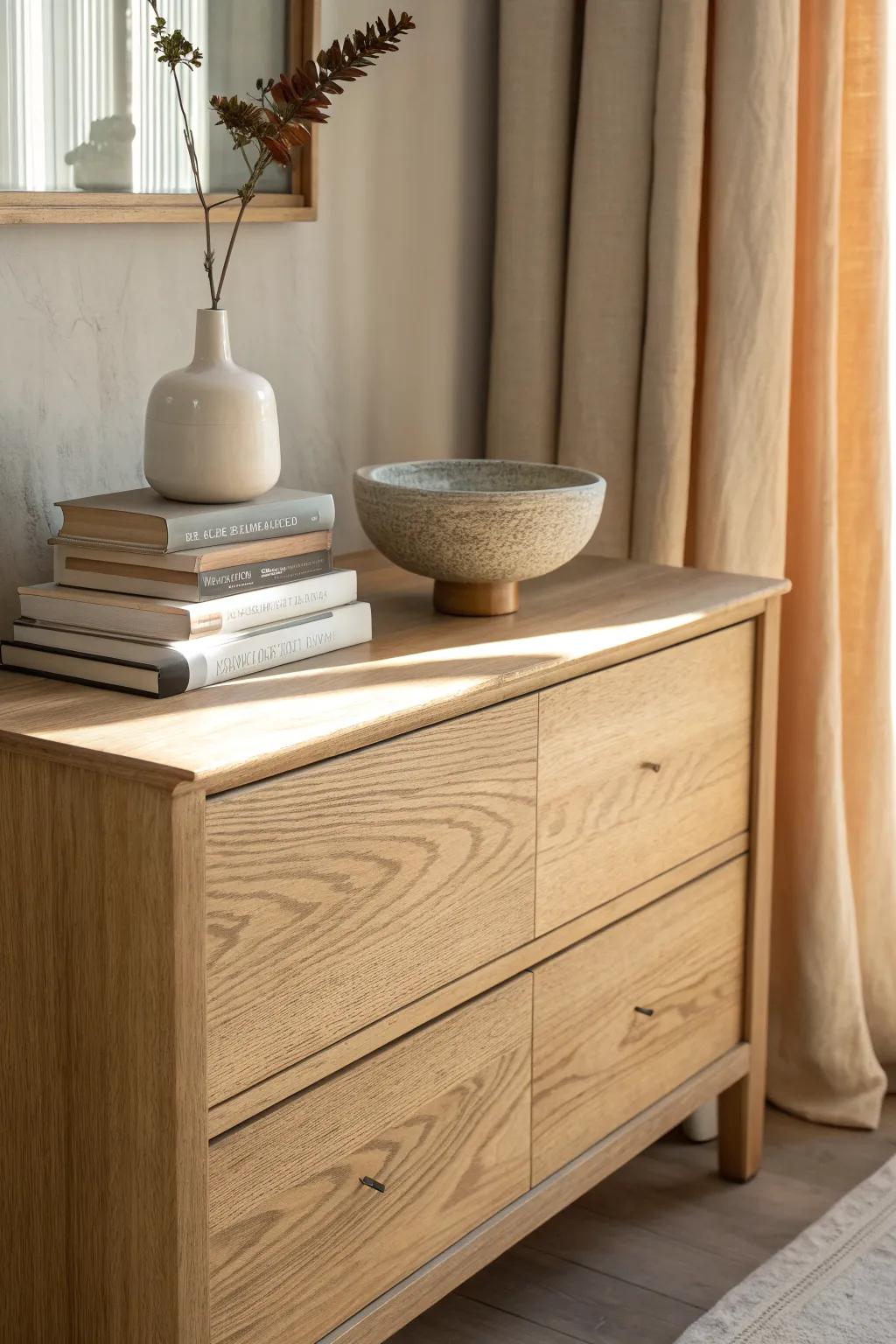 Stacked books as risers add instant height—top with a bowl for an easy sideboard shelfie.