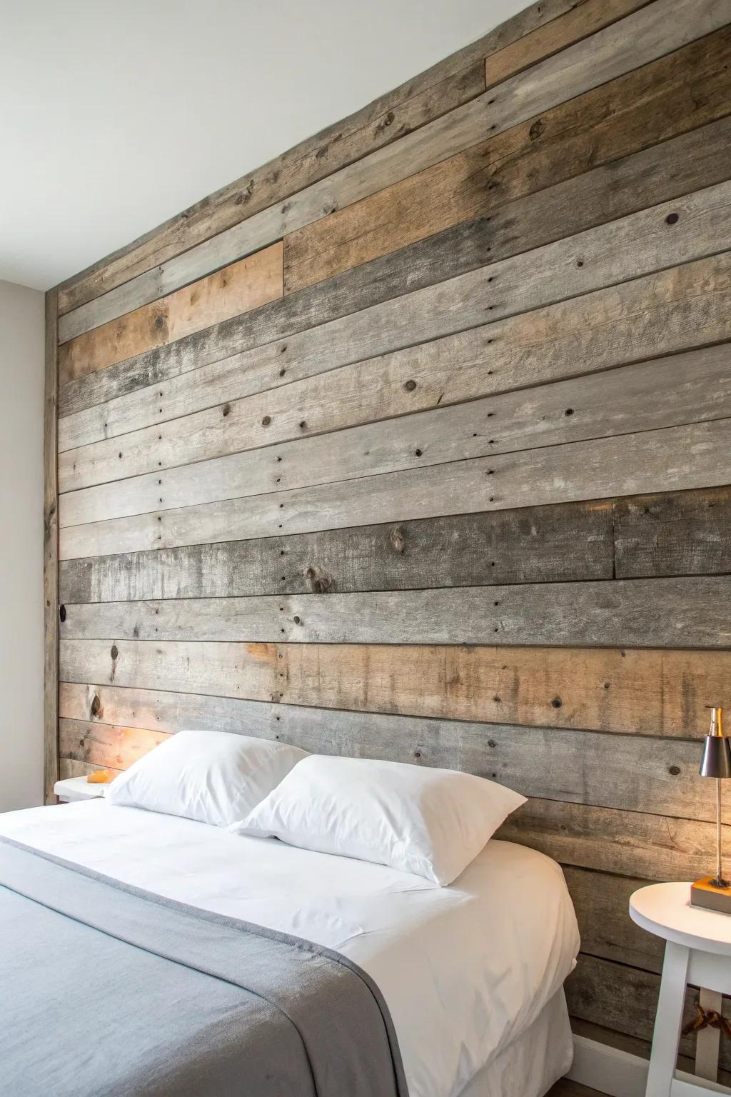 Weathered barnwood panels create a cozy, collected-over-time accent wall behind the bed.