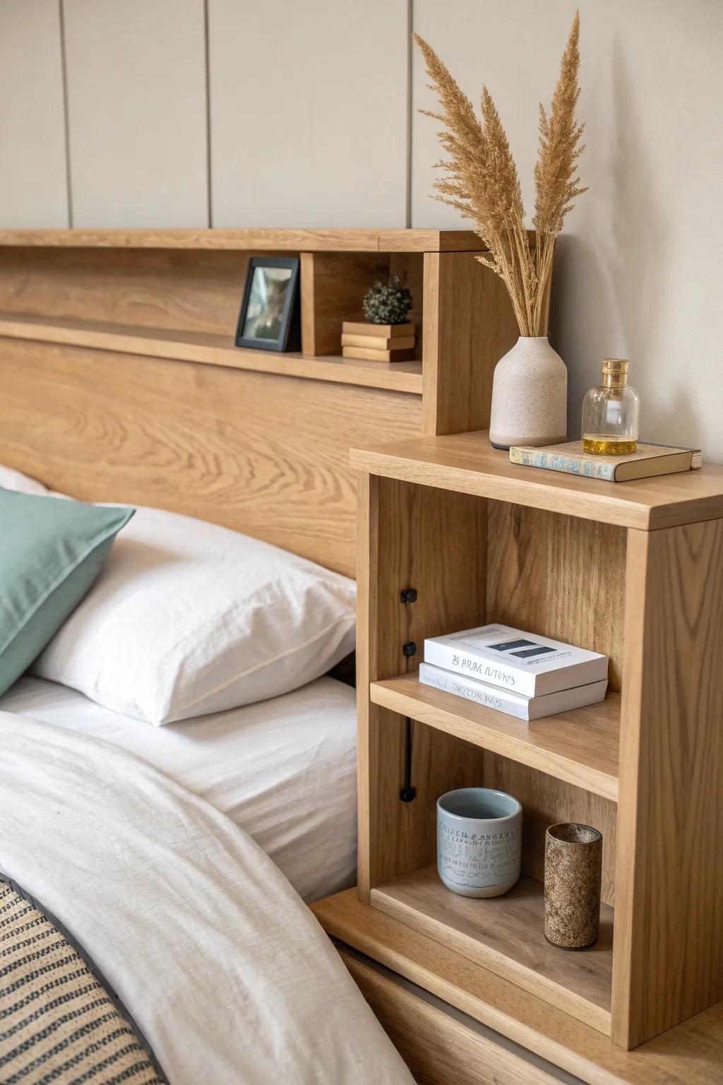 A seamless headboard with built-in cubbies—minimal, warm oak storage for small bedrooms.