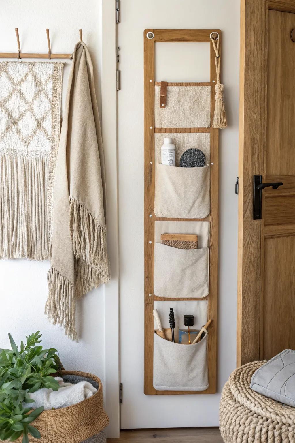 Turn bifold doors into pocket storage—trim a slim organizer to fit the fold and save space.
