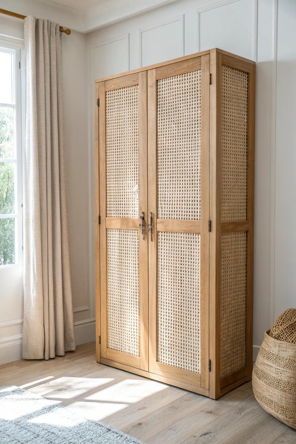 Cane-webbing bifold door insert: light, breathable texture with clean Scandinavian calm.