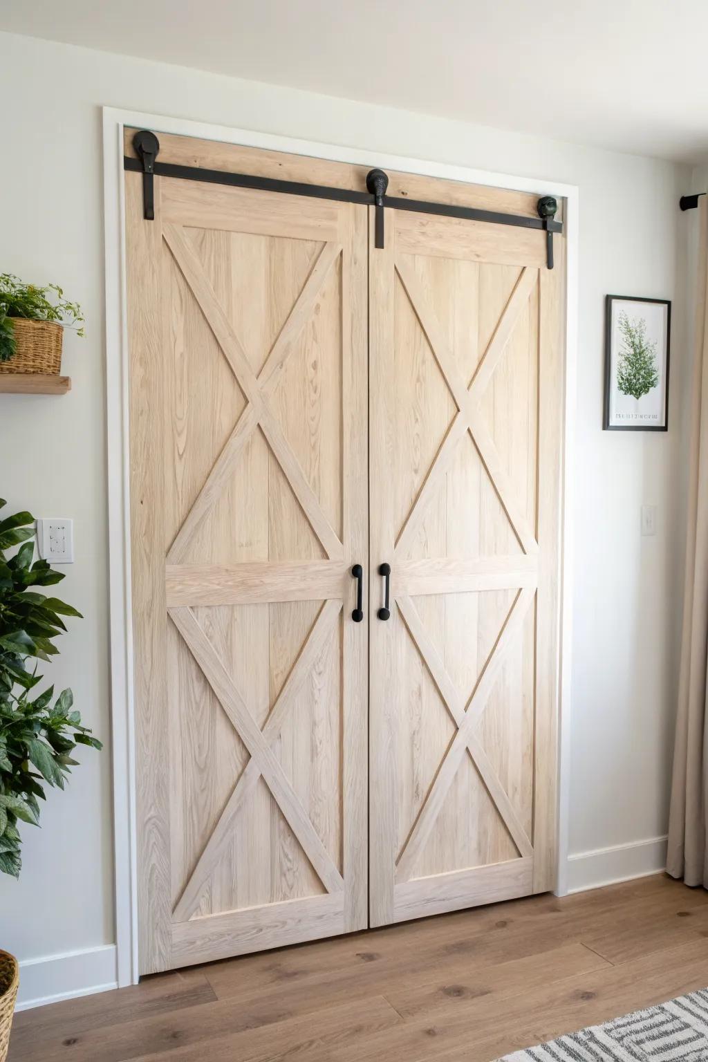 Scandi farmhouse upgrade: X-brace trim on each bifold leaf for easy barn-door charm.