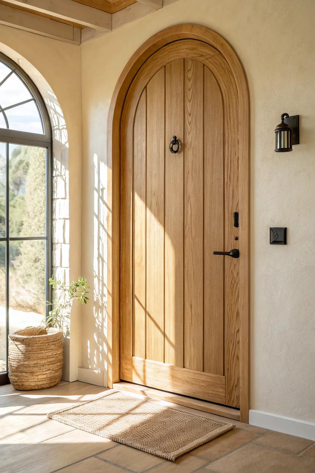 Oversized arched oak door—minimal lines, warm grain, and soft old-world drama.