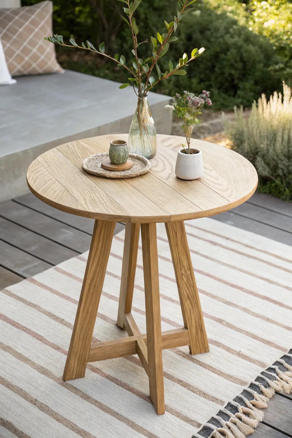 A neutral striped outdoor rug makes your wooden bistro table feel instantly styled and intentional.