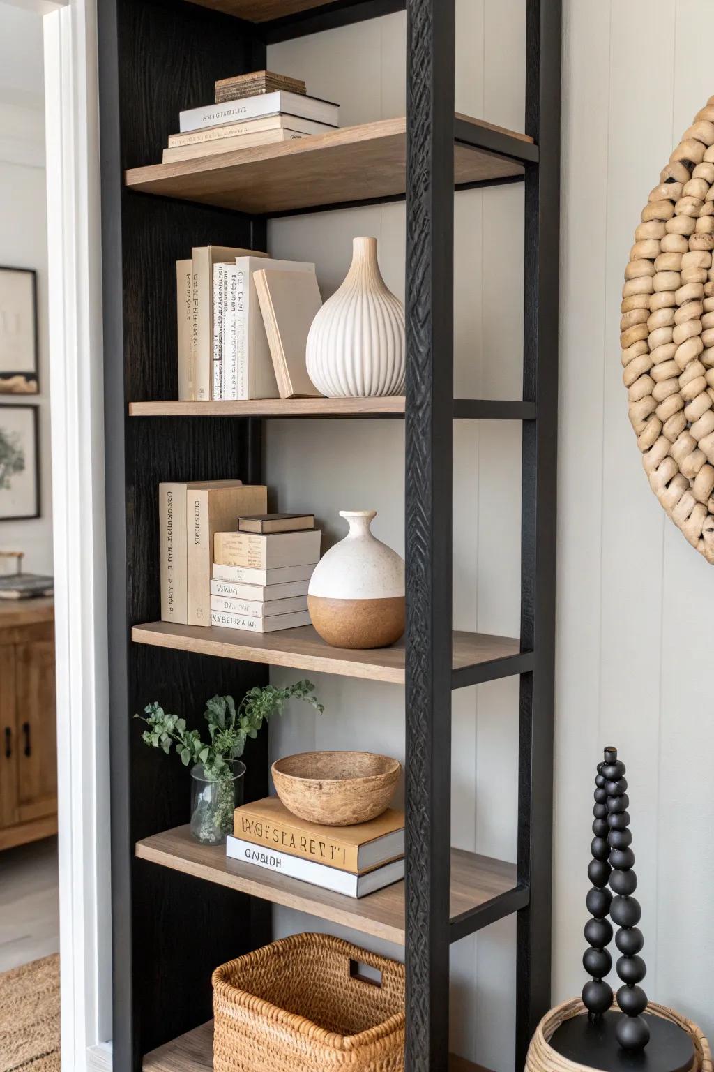 Color-block a black bookshelf with cream, tan, and black for a calm, designer shelf moment.