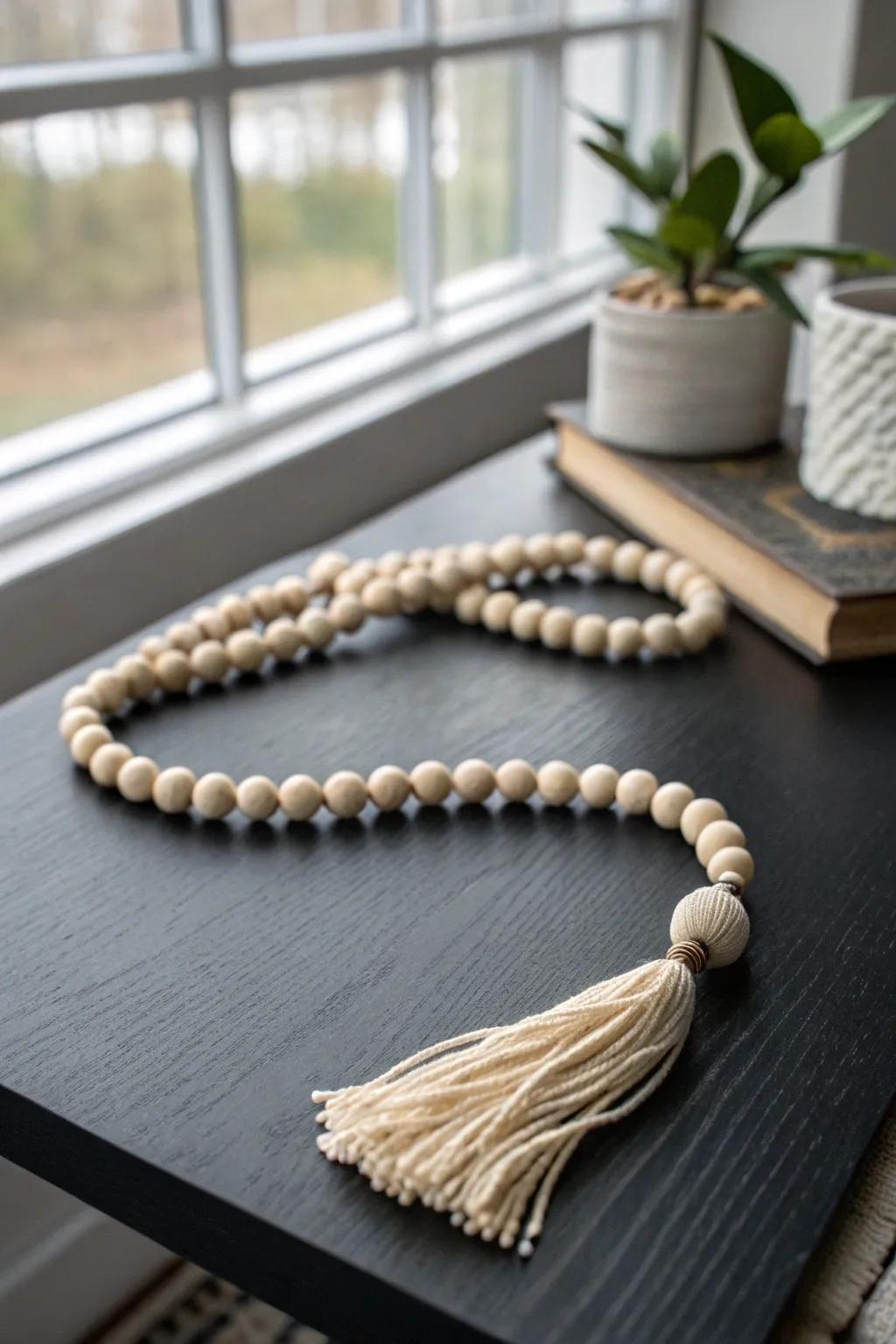 Light wood bead garland adds cozy rustic texture to a sleek black coffee table instantly at home.