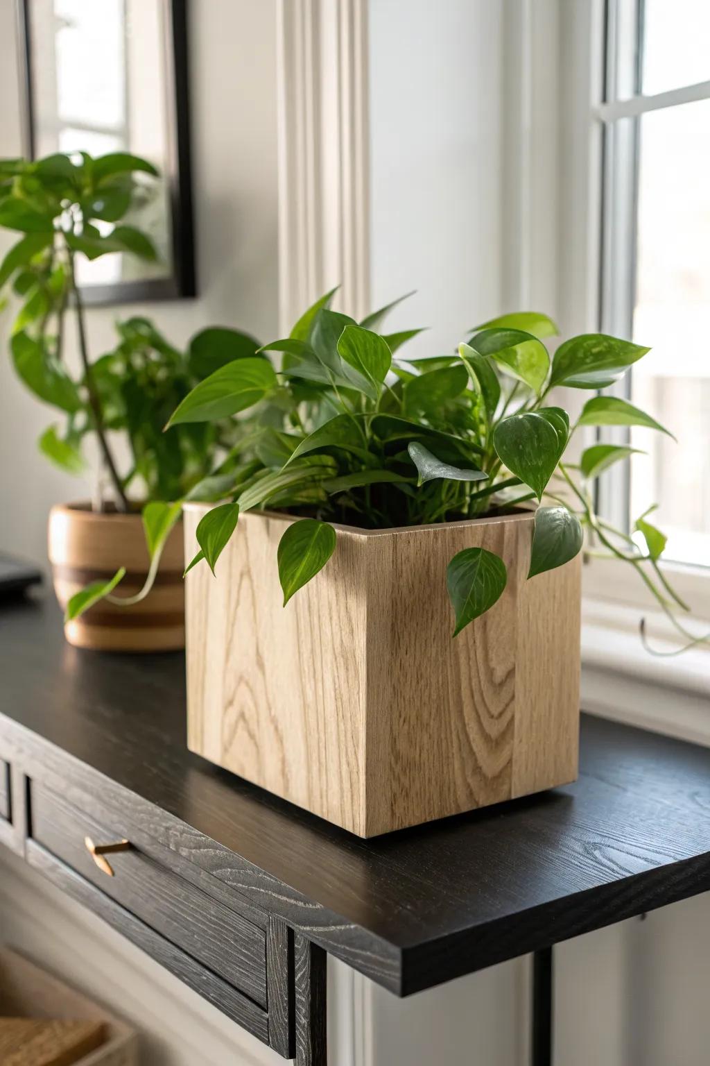A single trailing pothos brings fresh green contrast and softness to a sleek black desk.