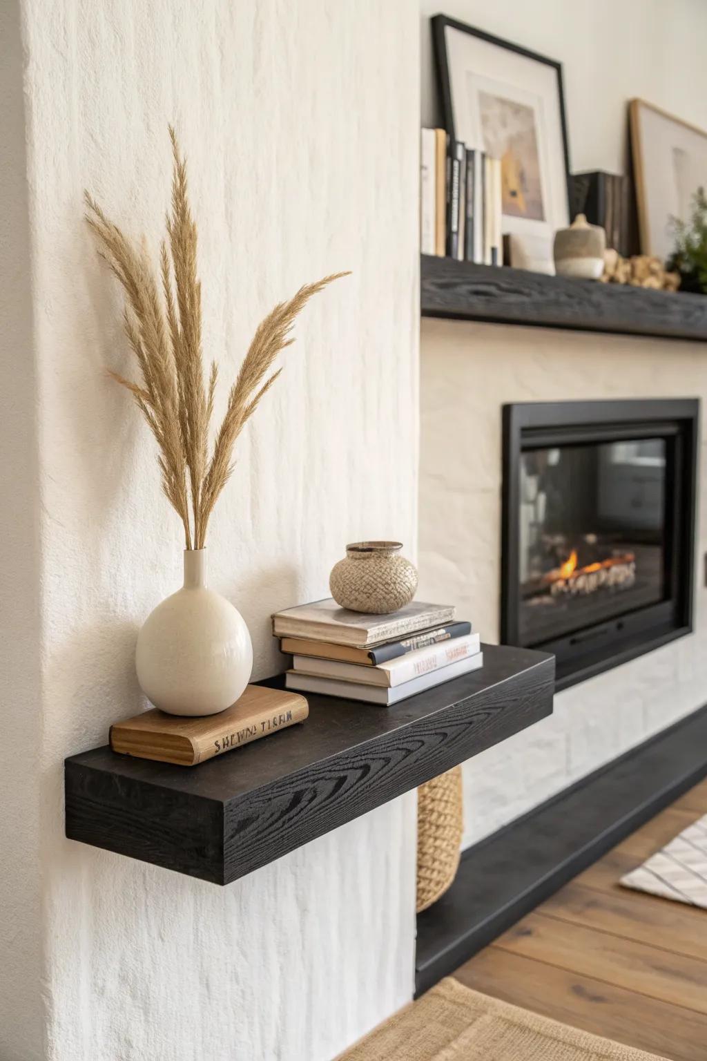 Matte-black floating shelf by the fireplace—minimal styling for a built-in look without the cost.