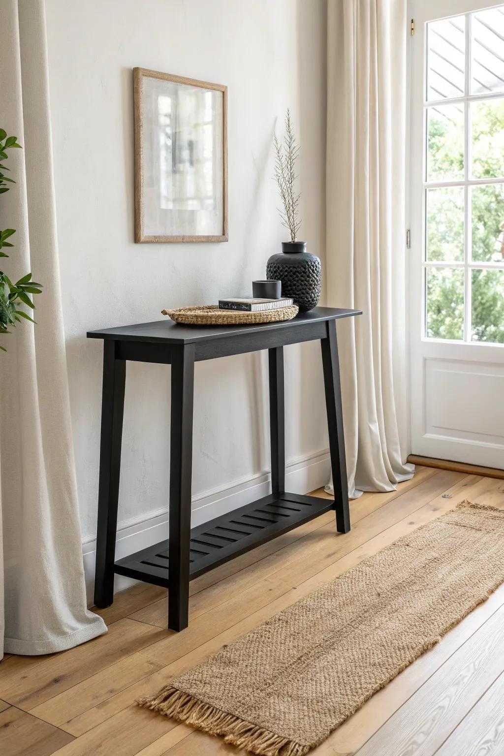 Repeat black in small furniture details for a cohesive, balanced look—simple and chic.