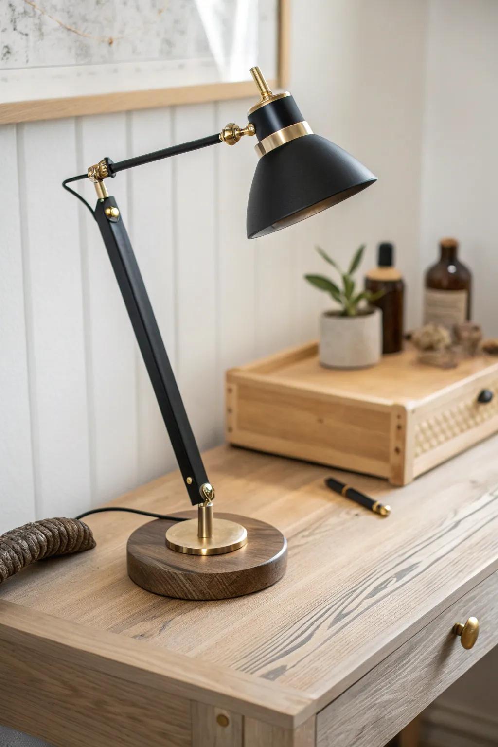 Blackened wood desk lamp with brushed brass accents—minimal, warm, and luxe for a modern office.