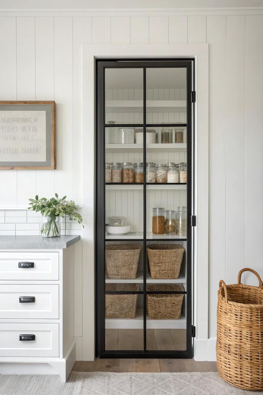 A black-framed glass pantry door that feels airy, modern, and beautifully crafted.