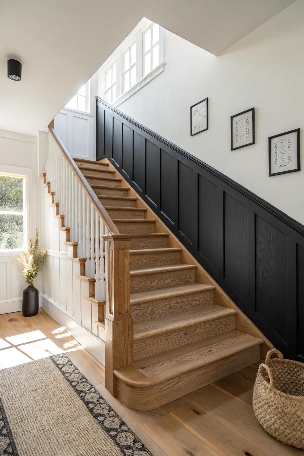 Black wainscoting grounds the staircase while crisp white walls keep the climb bright and airy.