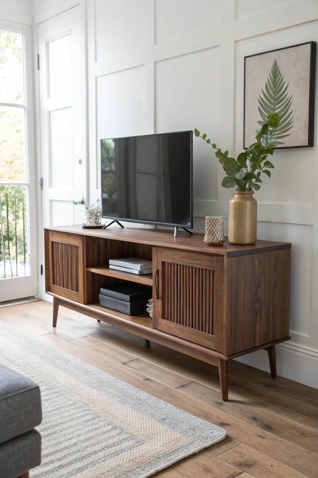 Modern black walnut media console with slatted doors—minimal, cozy, and cord-hiding perfection.