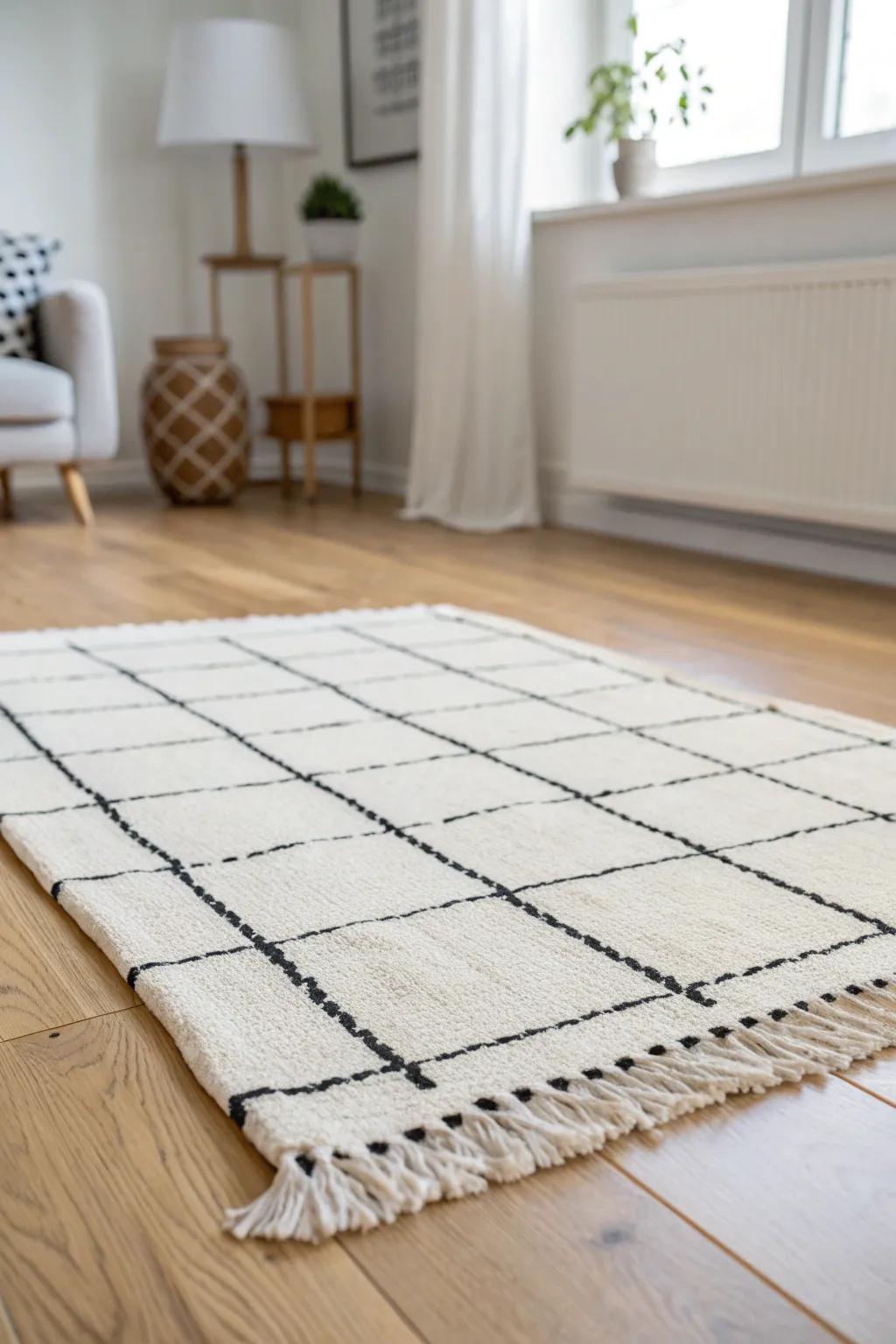 White rug with a black grid—clean contrast framed by warm oak wood for calm, modern style.
