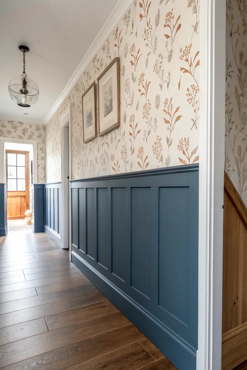 Deep blue wainscoting anchors airy wallpaper above for a hallway that feels bold, not busy.