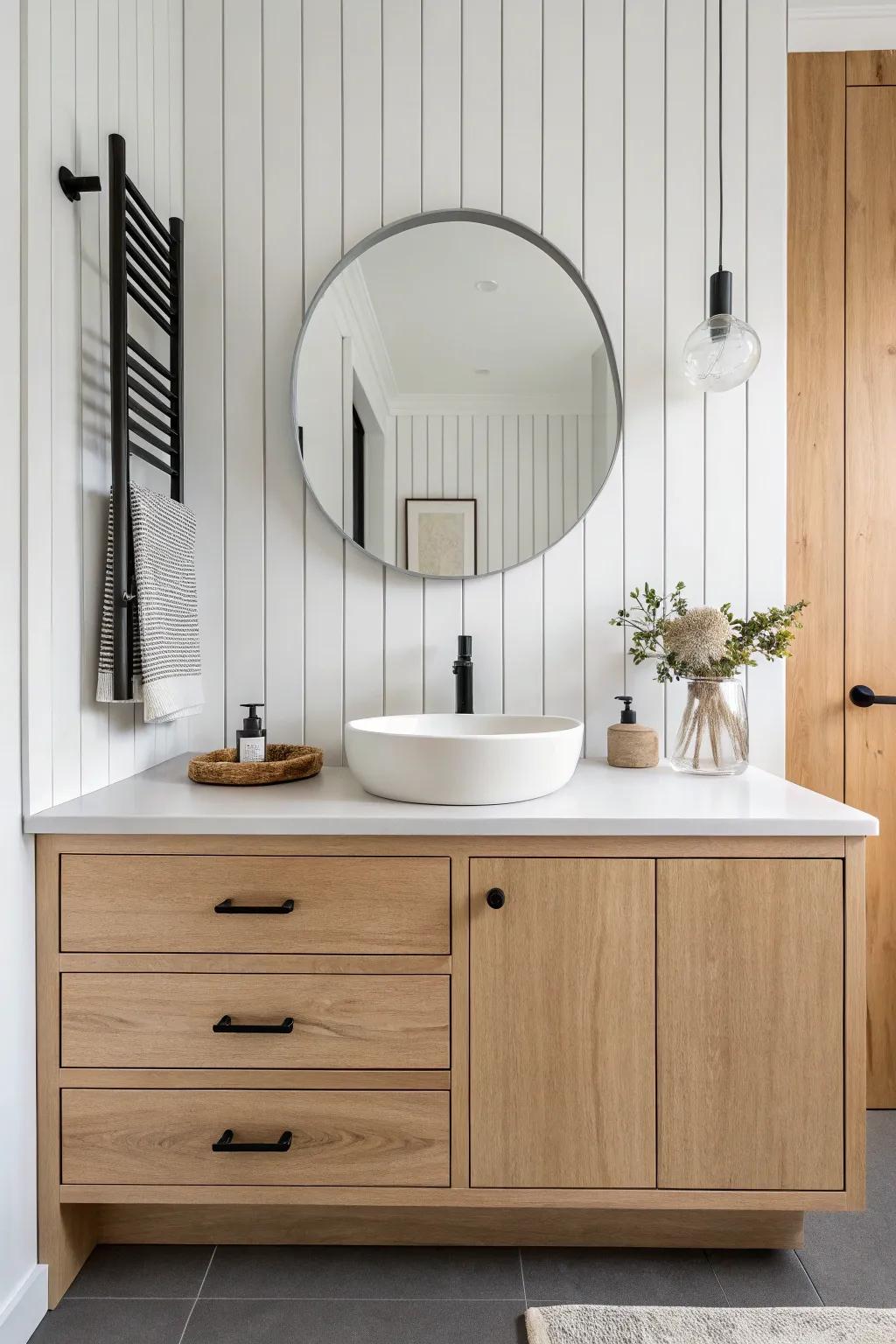 Board-and-batten wraparound behind the vanity for a seamless built-in bathroom look.