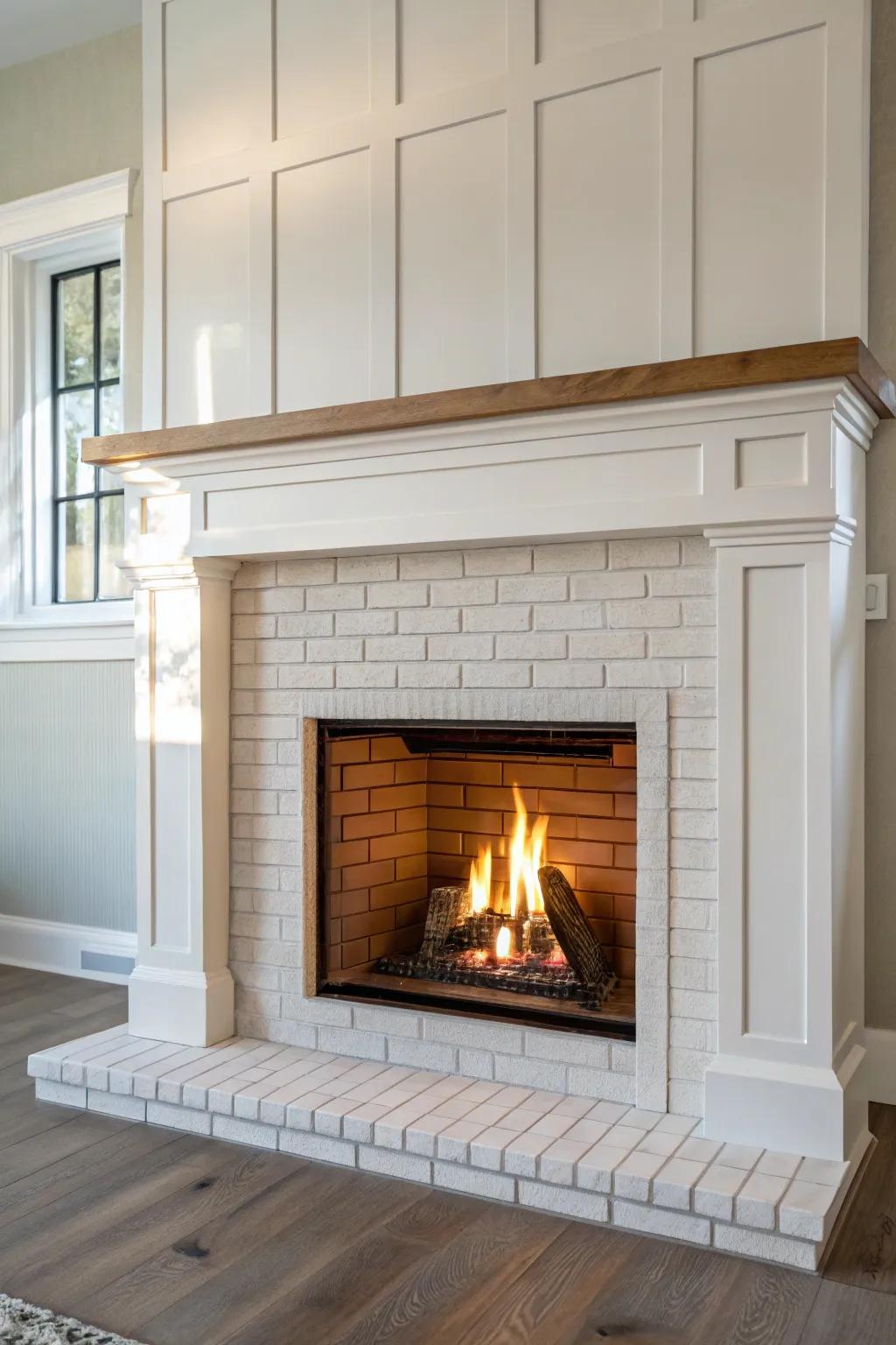 Brick or tile texture meets crisp board-and-batten lines for a modern, crafted fireplace.