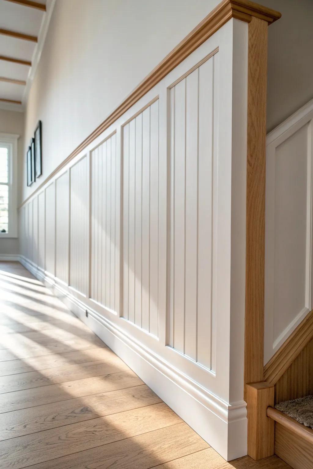 Thin, closely spaced battens create a sleek wainscoting rhythm—modern, light, and refined.