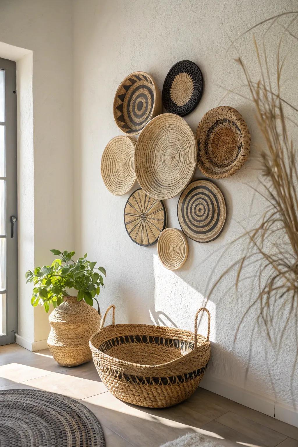 A woven basket wall cluster that brings warm boho texture to a clean Scandinavian space.