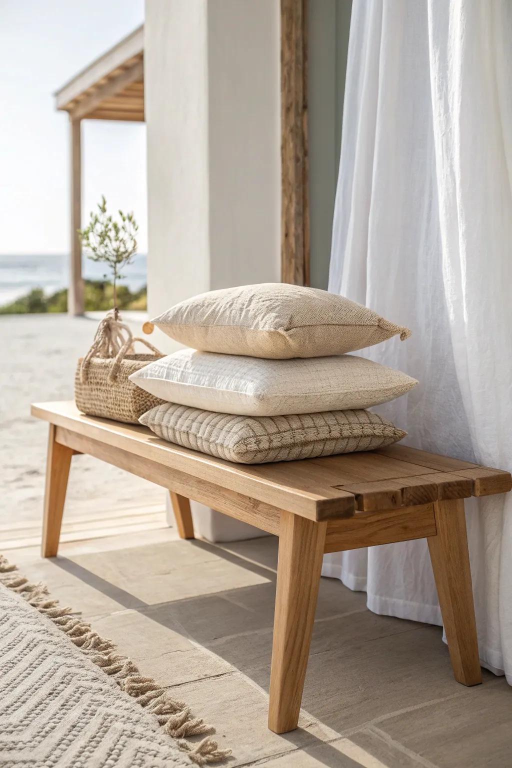 Low oak daybench with neutral linen cushions—minimal, beachy, and perfect for lounging.