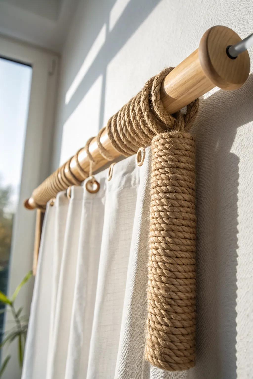 Jute rope-wrapped curtain rod: earthy boho texture meets clean Scandinavian minimalism.