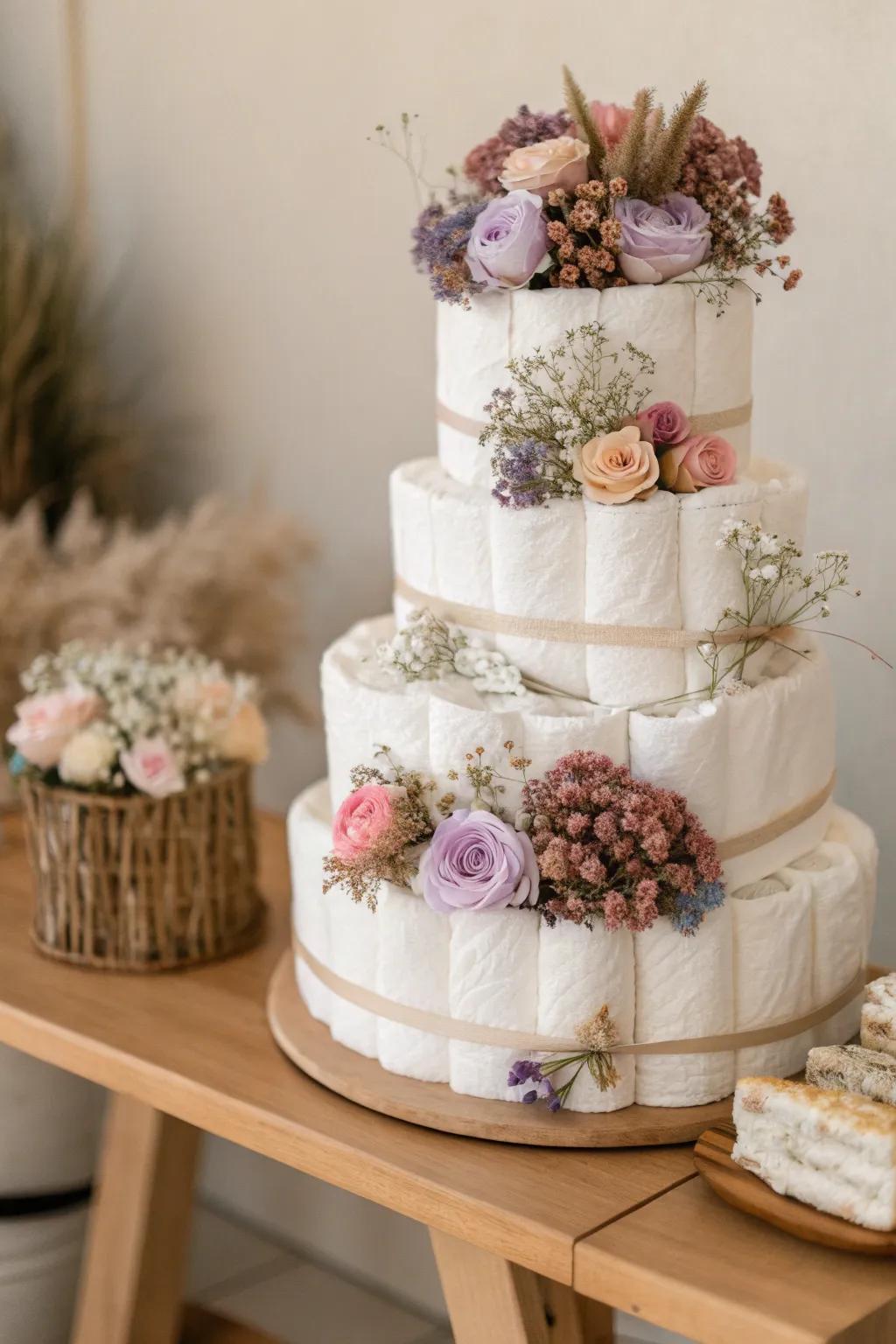 Embrace natural beauty with this charming boho diaper cake, beautifully adorned with dried flowers for a timeless touch.