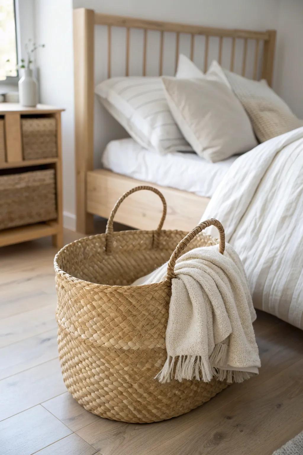 Handwoven basket storage that warms up a boho farmhouse bedroom—pretty, practical, natural.