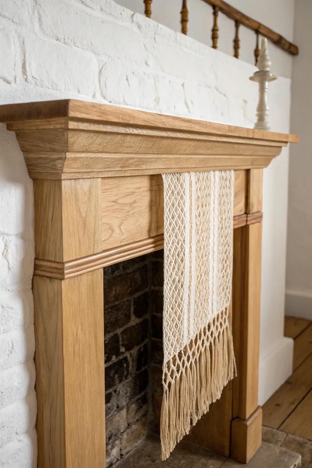 A thin woven runner softens the mantel—minimal, airy boho texture with warm wood contrast.