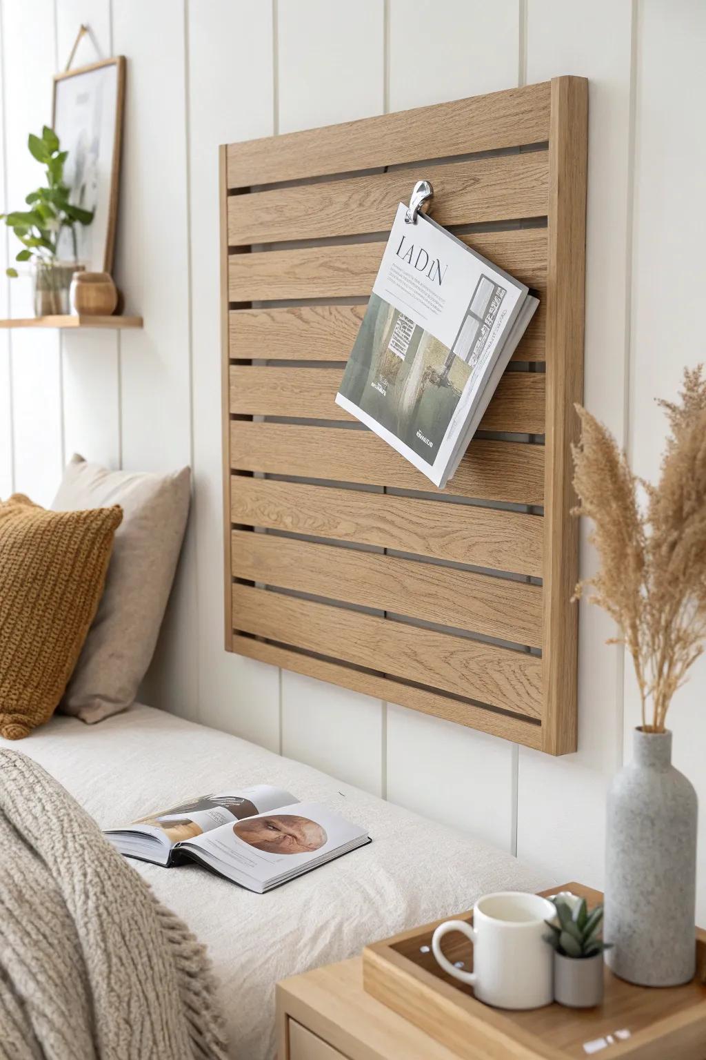 Floating face-out book display: slim oak cover rail on a minimal slatwall—easy to move anytime.