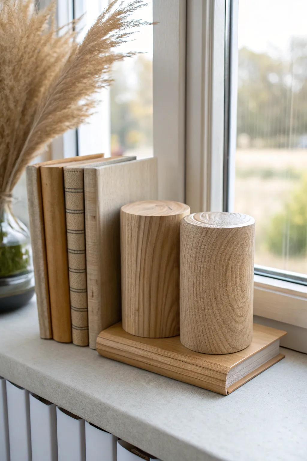 Minimal turned wood cylinder bookends—simple, sculptural, and secretly weighted for stability.