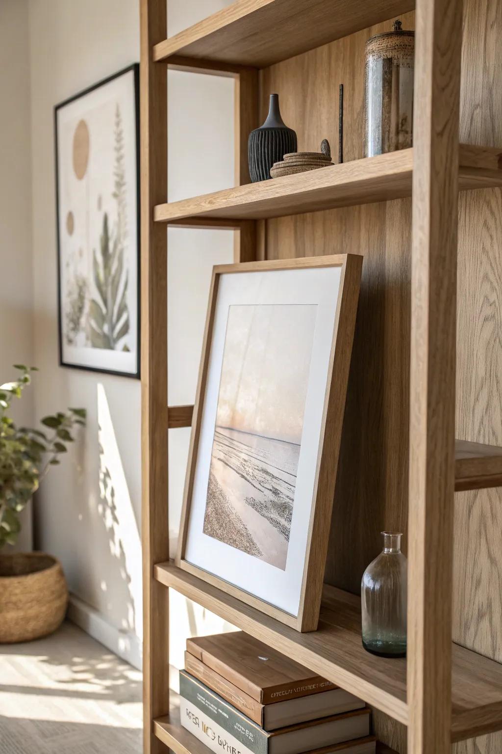 Lean a framed print on your shelf for effortless layers—no nails, no commitment.