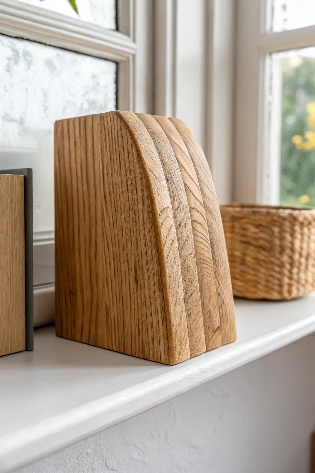 Chunky textured wood bookend—small detail, big statement for a calm, curated shelf.