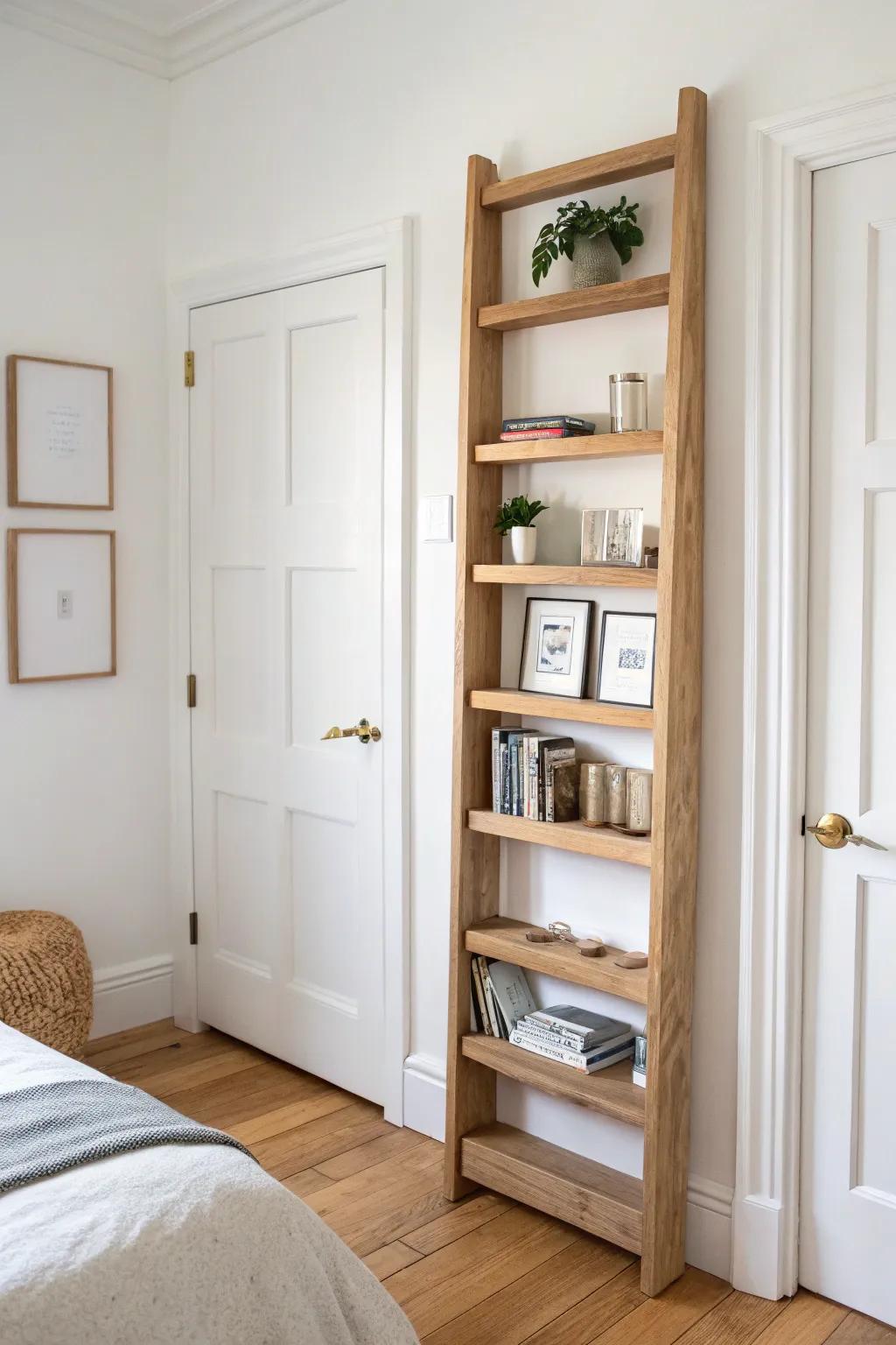 Sneaky storage: a slim oak bookshelf behind the door keeps bedroom paperbacks beautifully tidy.