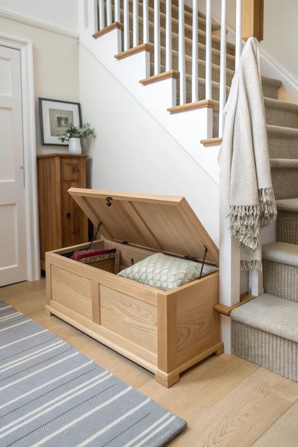 A lidded oak bench under the stairs—minimal, warm, and perfect for hiding everyday clutter.