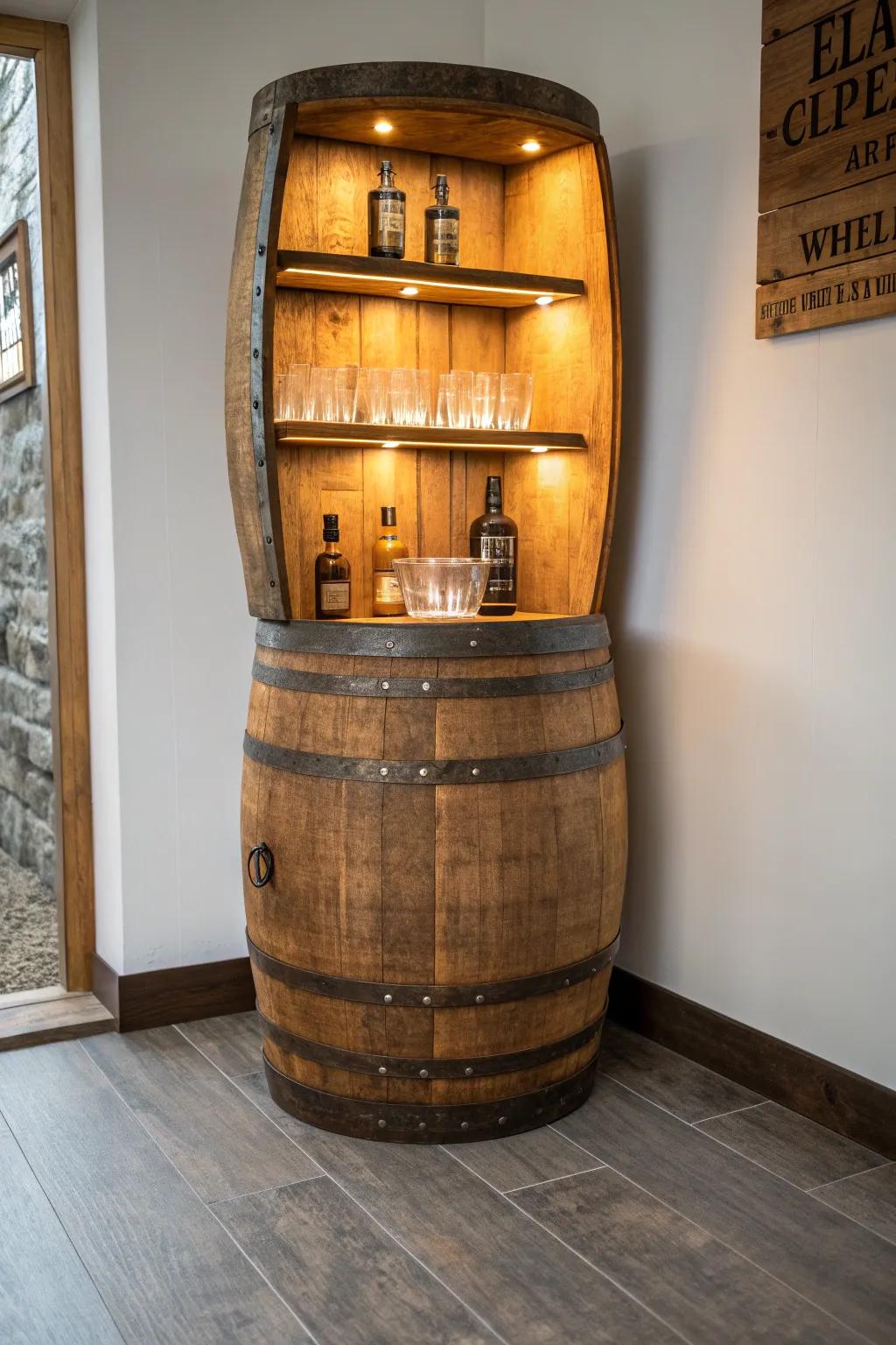 Warm LED glow turns a bourbon barrel bar into a minimalist display for bottles and glassware.
