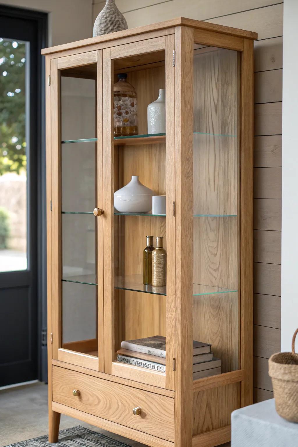 Glass-front oak display shelving for a boutique, gallery-clean look that keeps treasures protected.