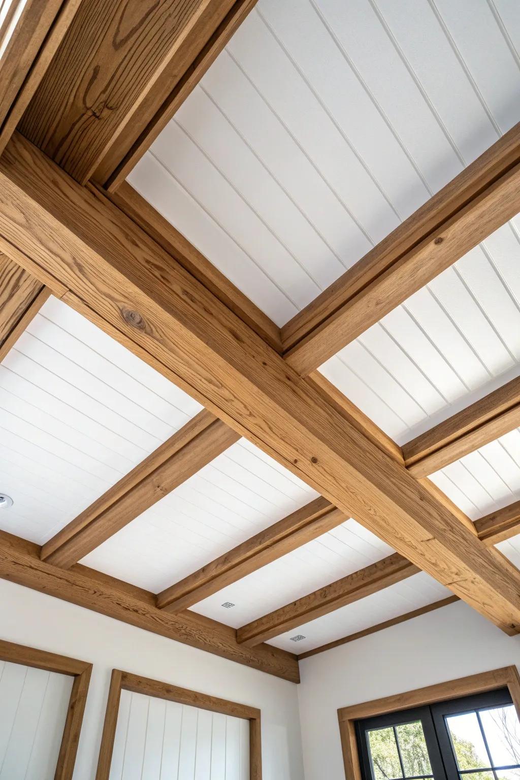 Soft white beadboard between warm stained box beams—cottage texture with clean Scandinavian calm.
