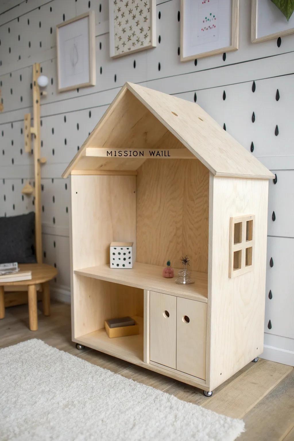 A minimalist wooden superhero HQ dollhouse with a mission wall and swap-in console panels.