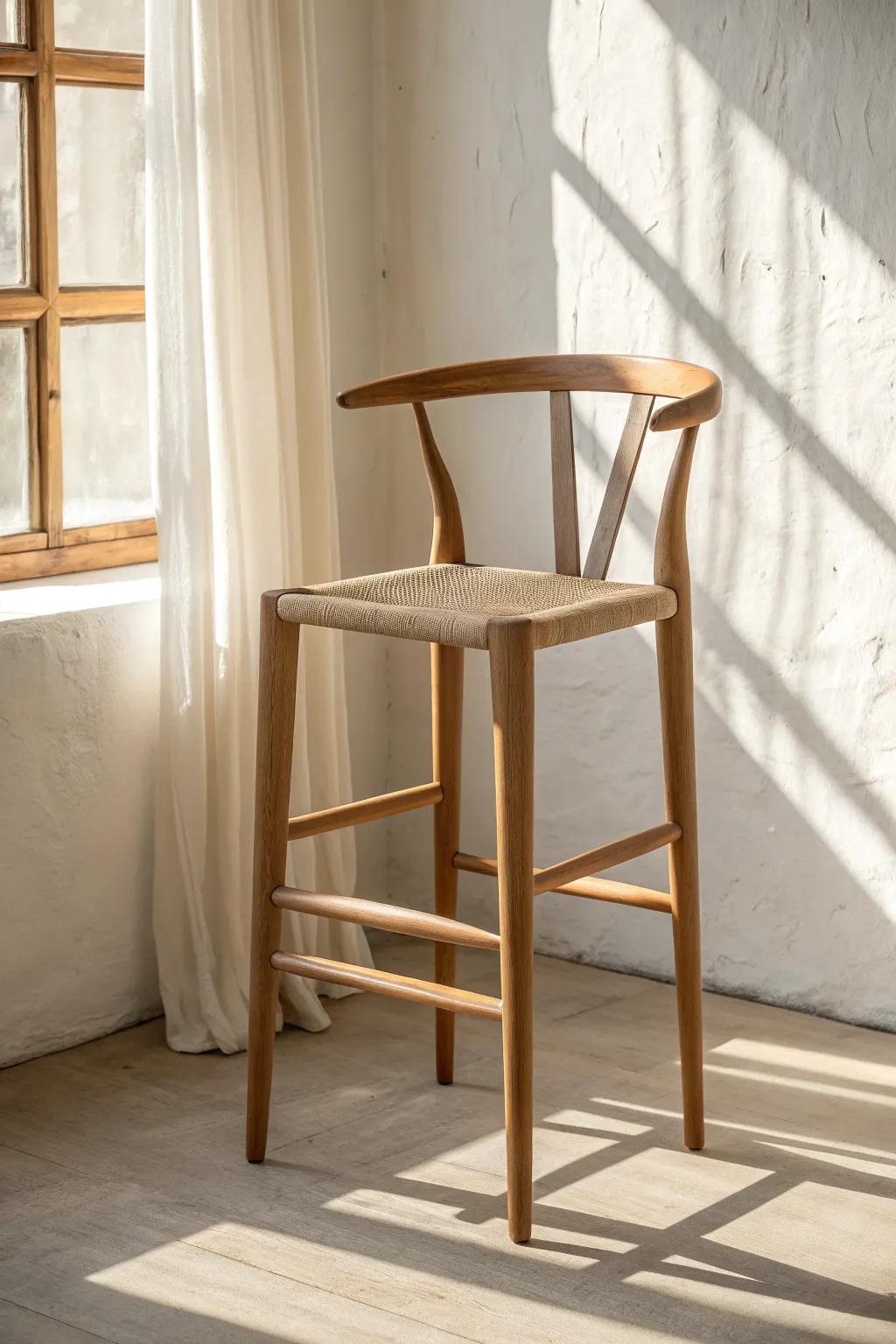 A comfy backed bar stool in light oak—supportive, minimal, and perfect for longer coffee breaks.