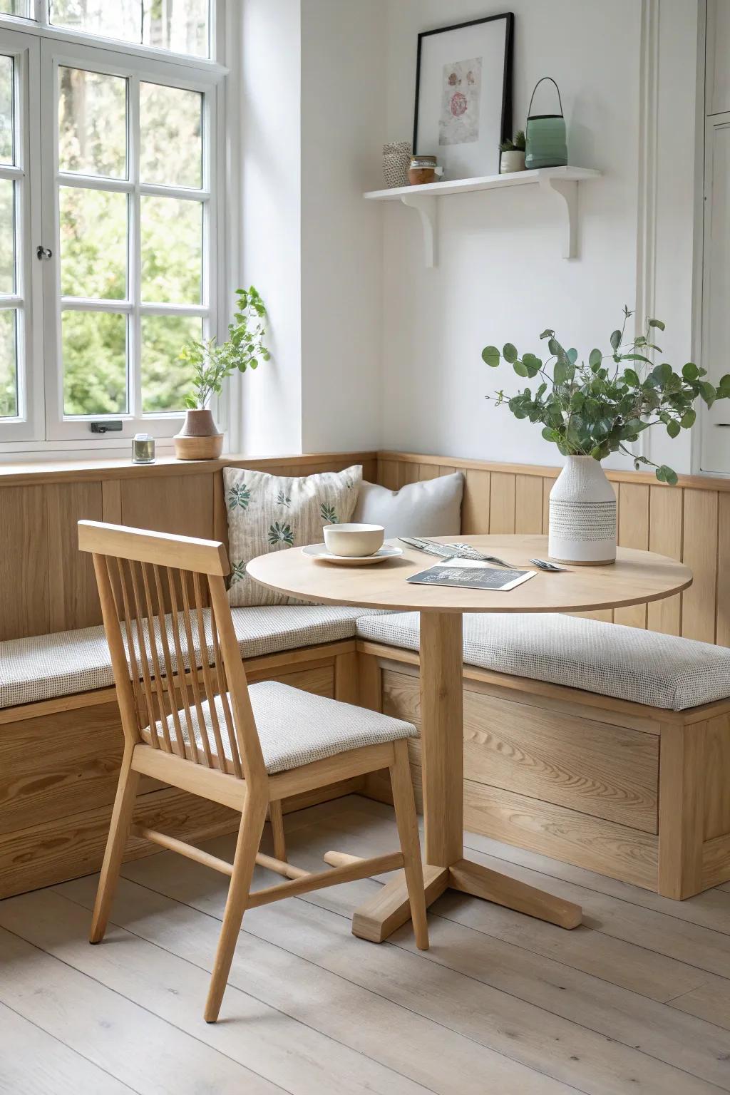 A light oak bench paired with chairs keeps the nook airy—minimal, warm, and collected.