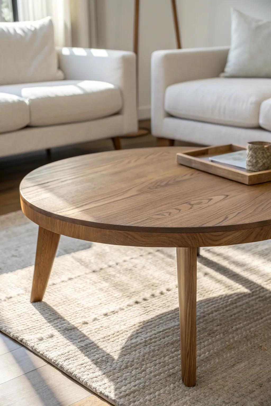 A rounded-edge wood coffee table that turns a breakroom lounge corner into a calm reset.