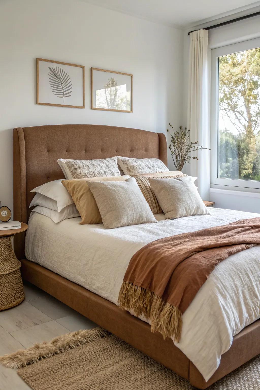 Cocoa-brown upholstered headboard with plush neutral pillows for a cozy, grounded retreat.