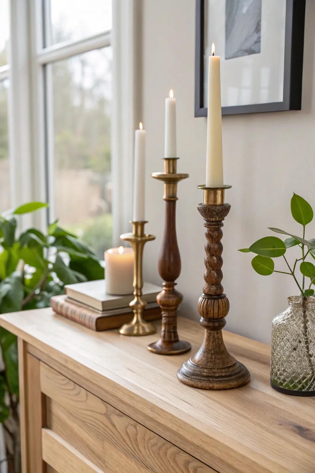 Varying-height candlesticks add effortless buffet drama—warm wood, brass accents, and calm Nordic style.