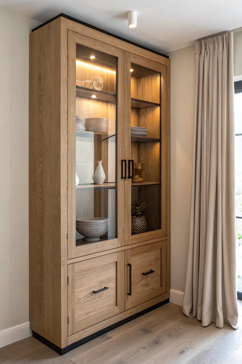Smoked glass doors + warm interior lighting create a moody, curated built-in cabinet glow.