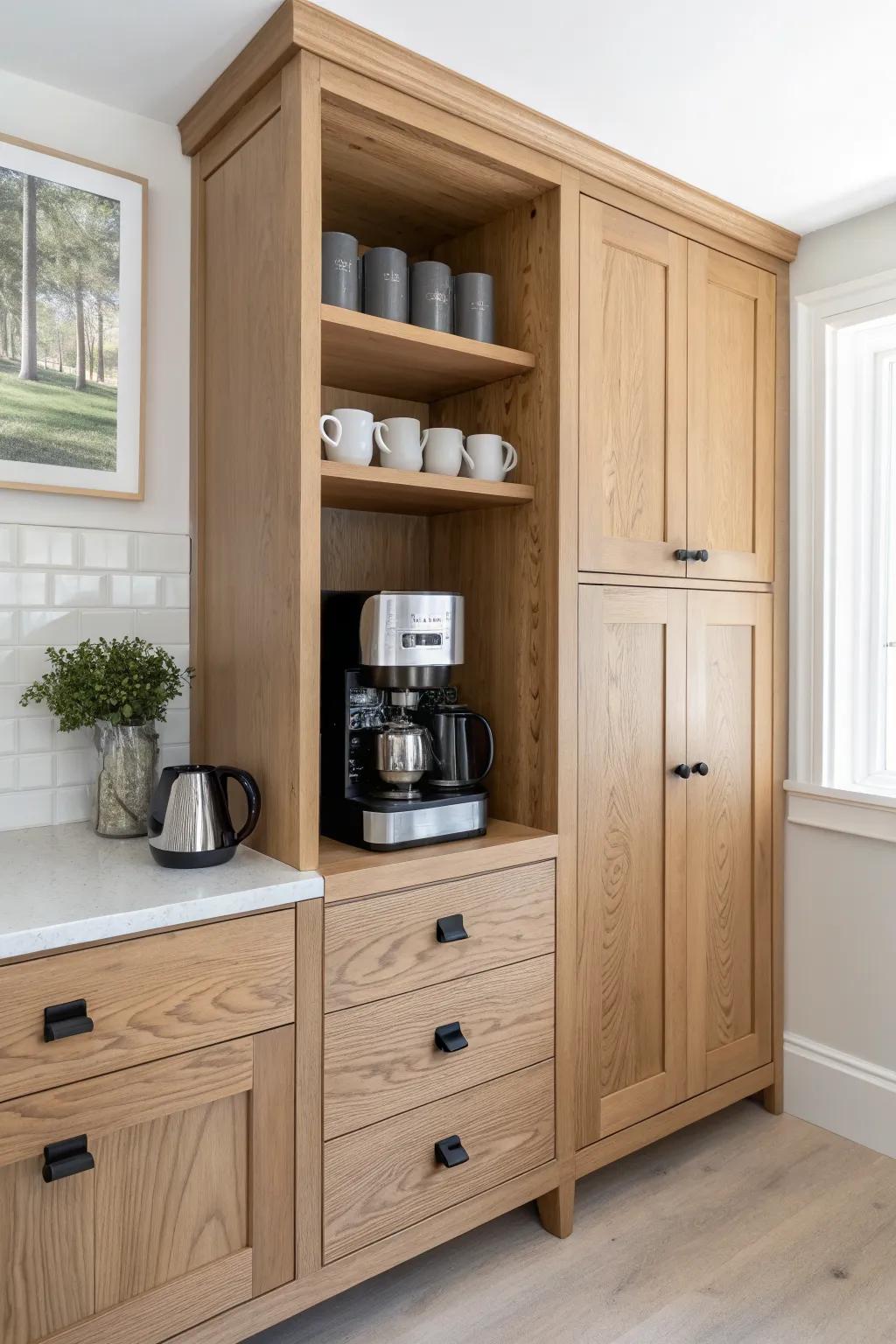 A built-in corner cabinet coffee nook that hides clutter and keeps your morning ritual calm.