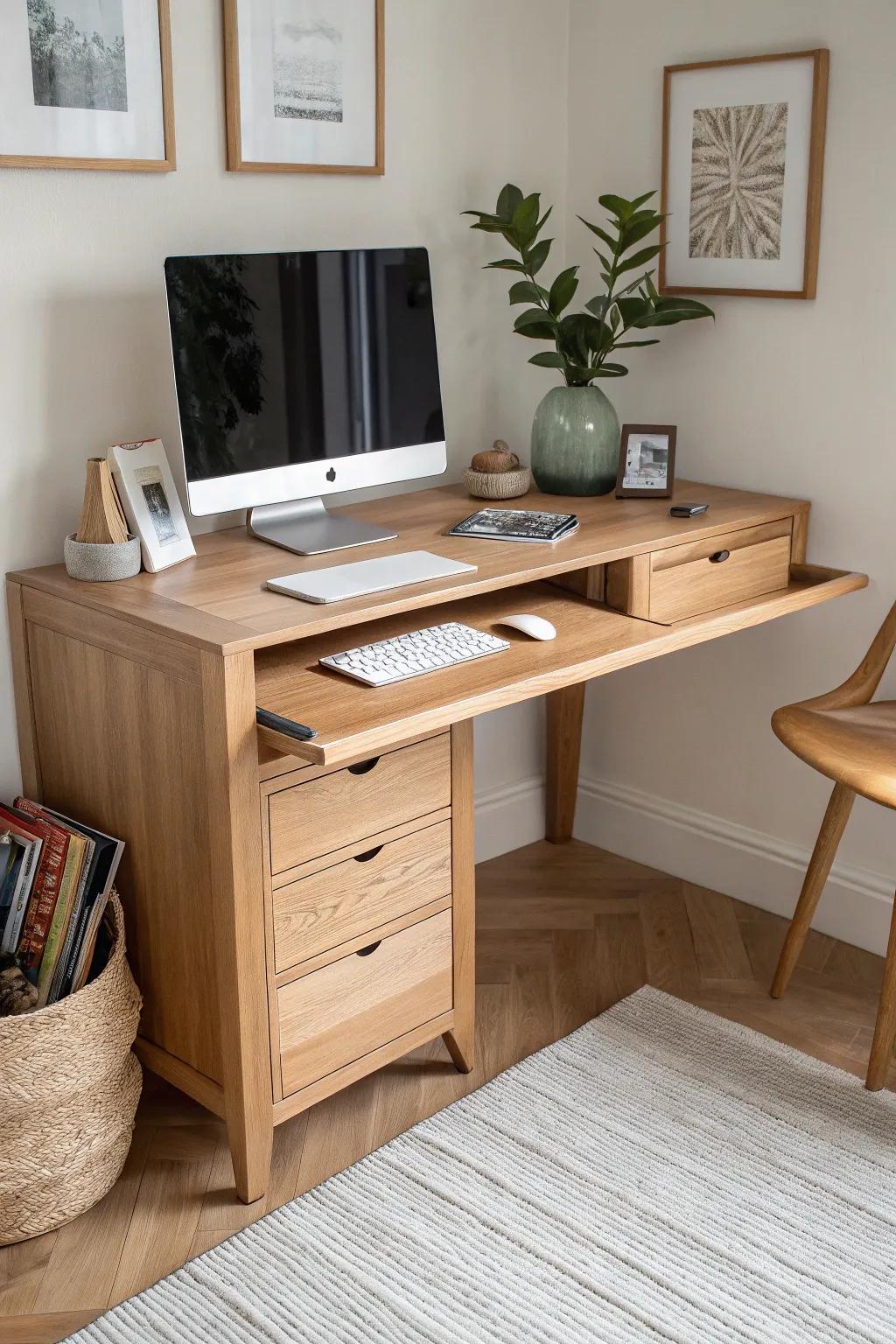 An angled built-in corner desk with a smooth pullout keyboard tray—pretty, practical, and comfy.