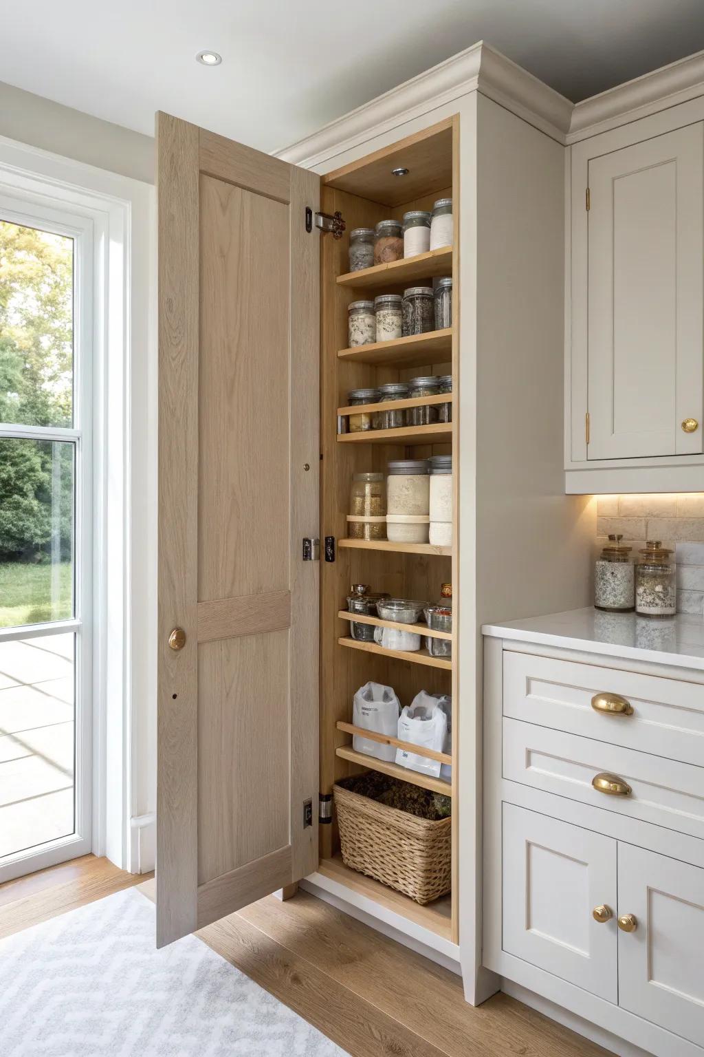 Corner pantry cabinet with angled easy-access shelves—no more lost jars in the back.