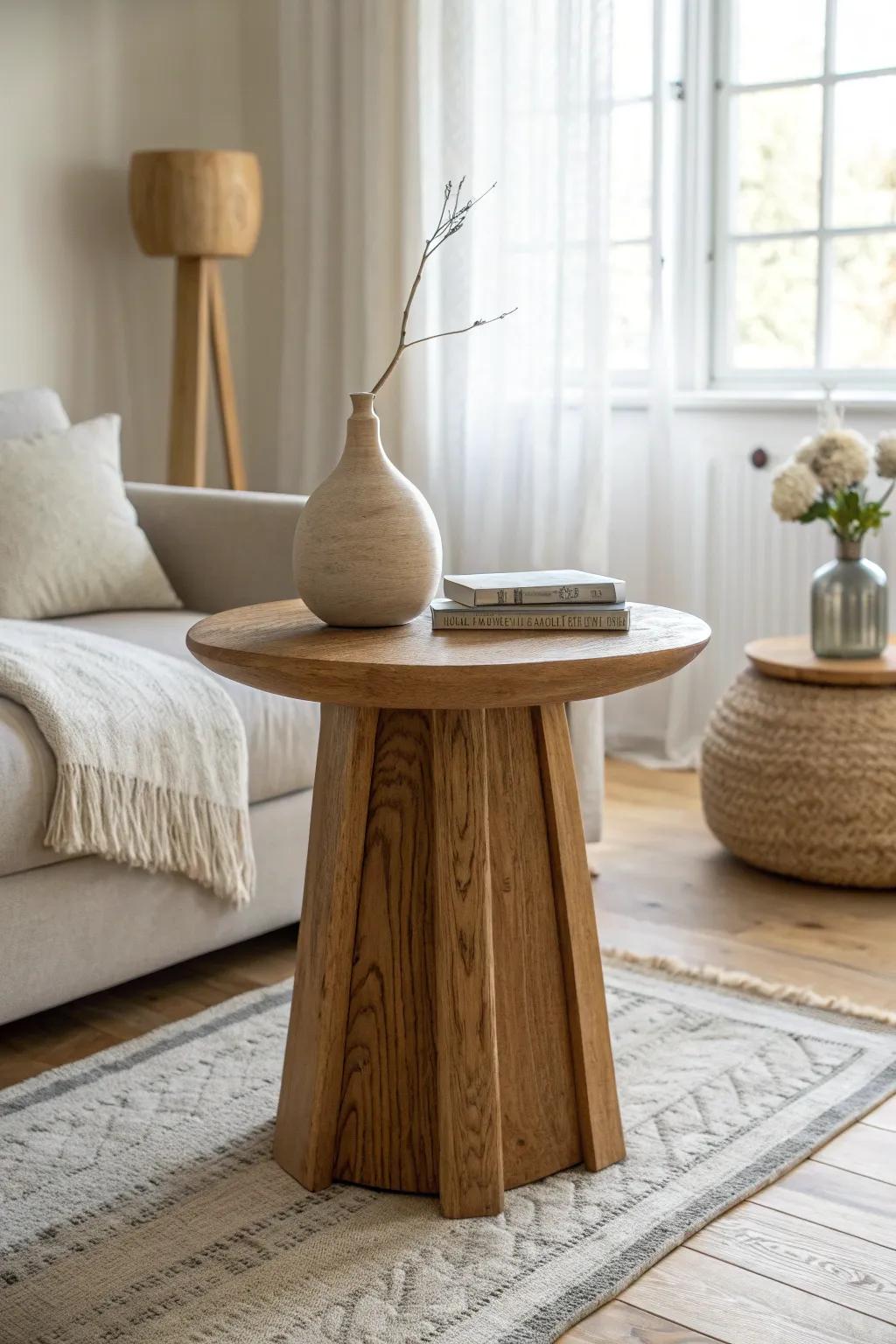 Go big with one sculptural wood statement piece—calm, cozy bungalow style with impact.