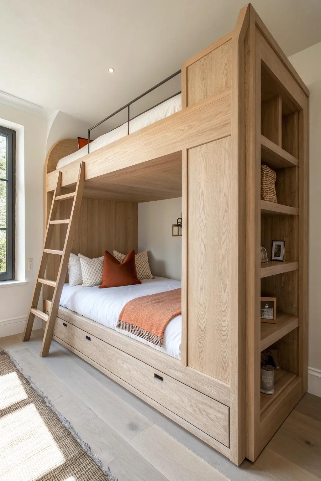Built-in alcove bunk bed: two cozy “nests” in warm oak for a shared boy–girl room.
