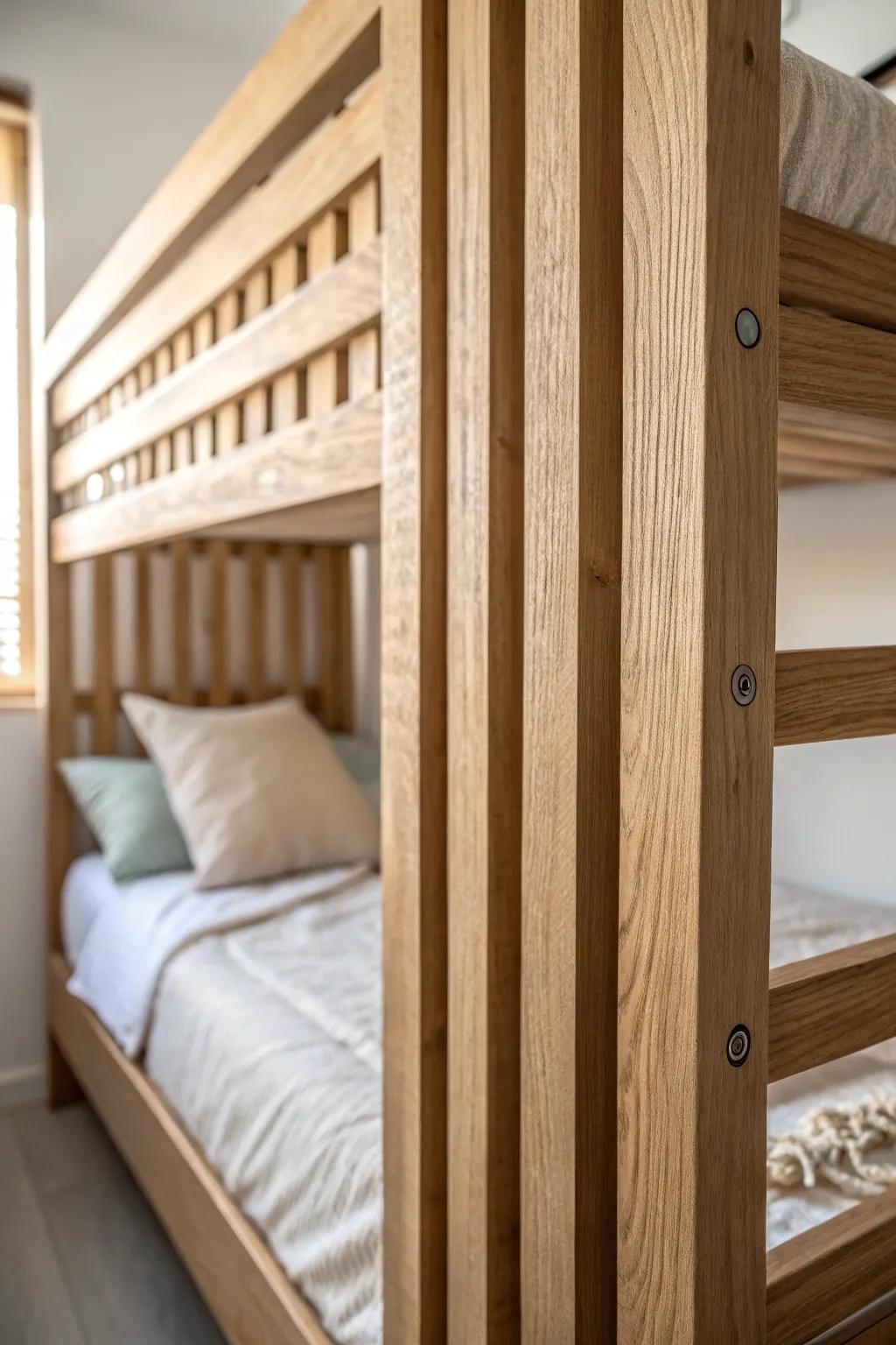 Slatted wood privacy panel: airy, stylish, and crafted for a cozy bunk bed hideaway.